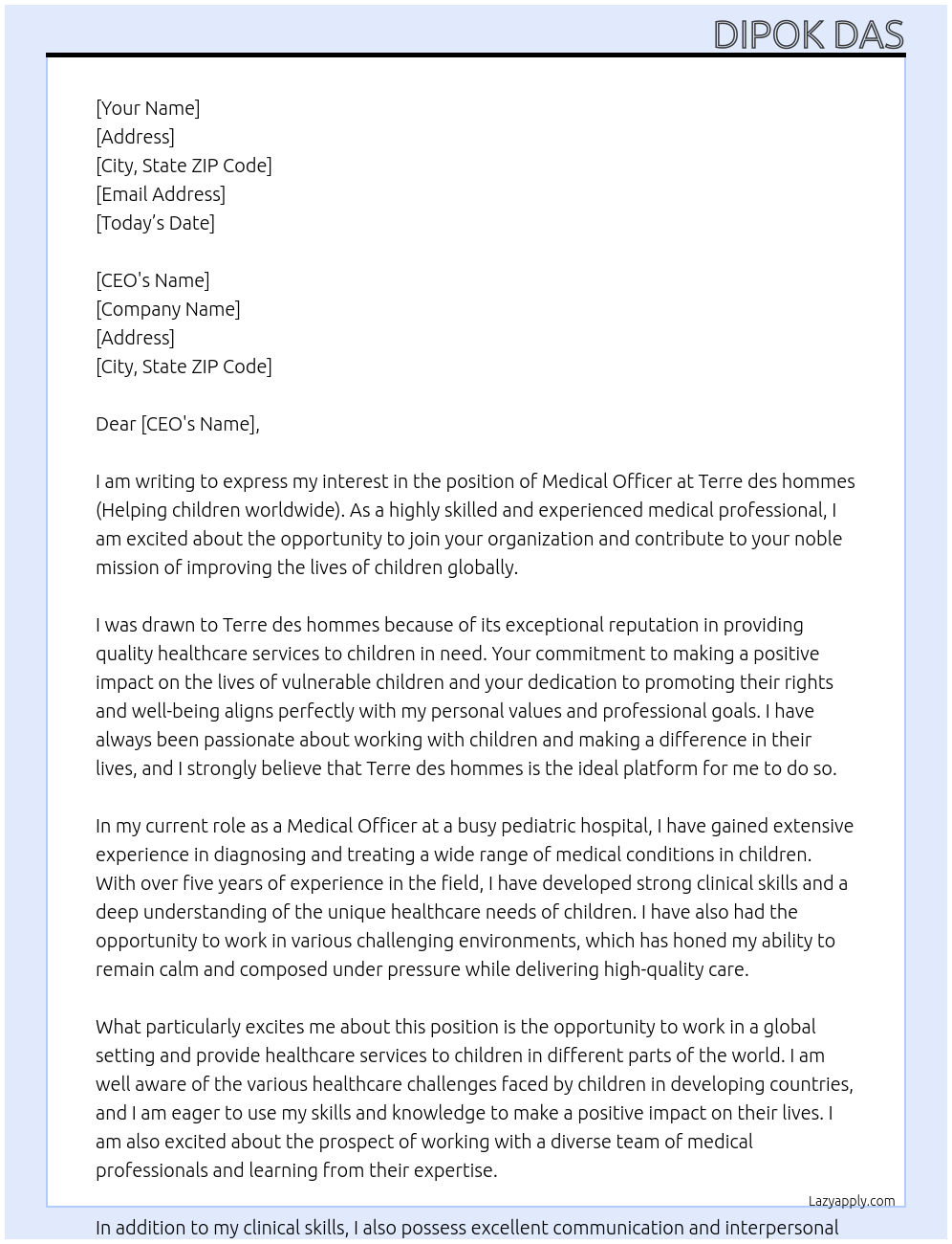 Medical officer At Terre des hommes ( Helping children worldwide) Cover Letter