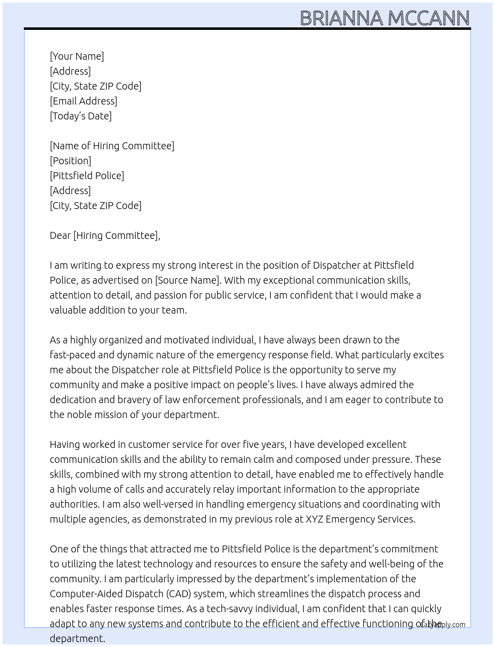 Dispatcher At Pittsfield Police Cover Letter