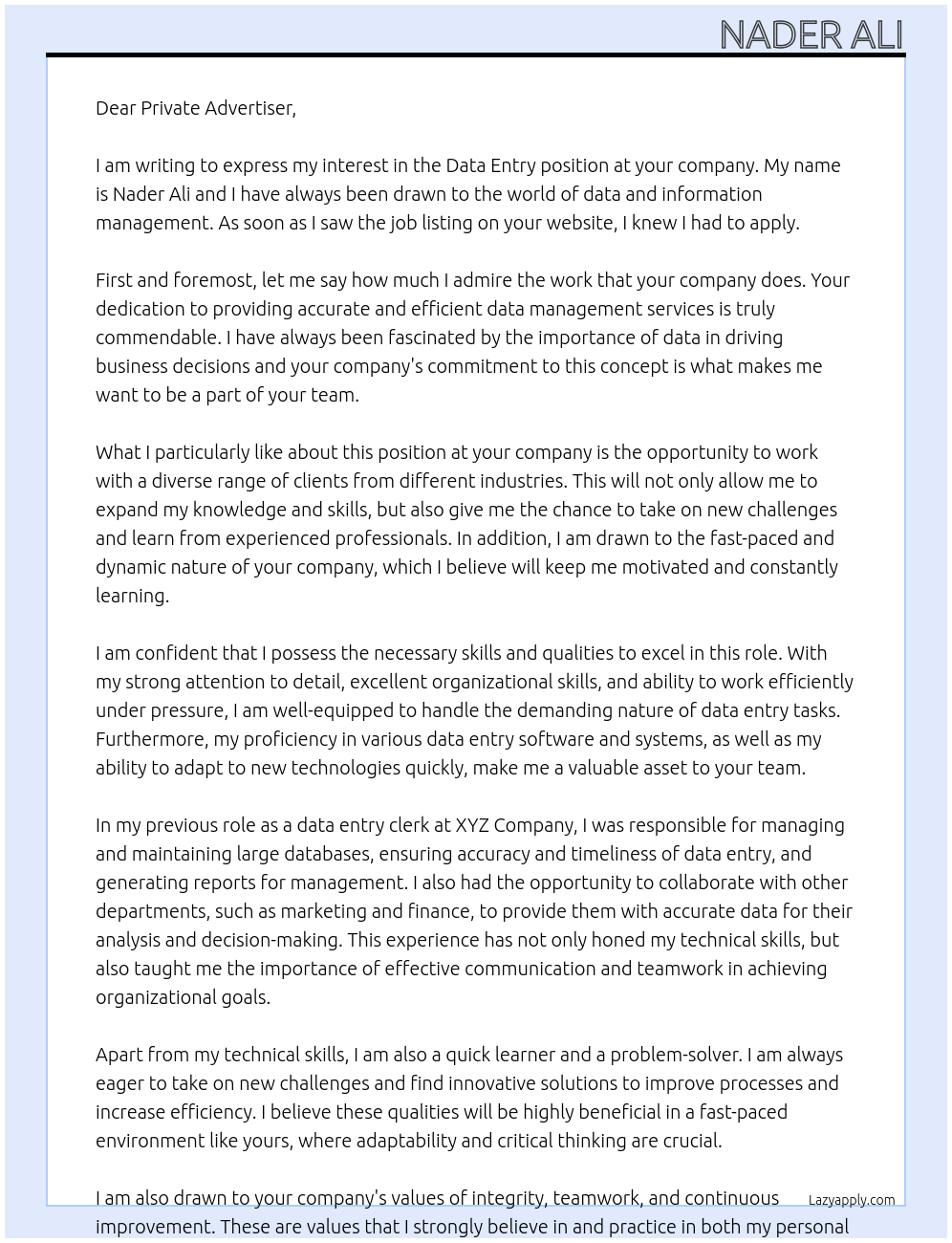 data enty At Private Advertiser Cover Letter