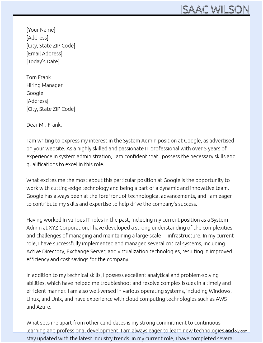 System Admin At google Cover Letter