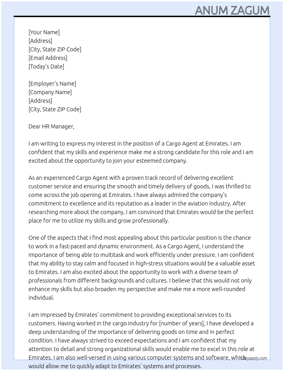 Cargo Agent At Emirates  Cover Letter