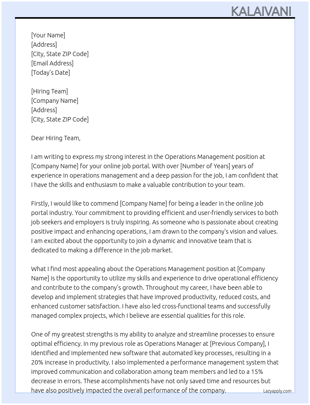 Operations management  At For online job portal  Cover Letter