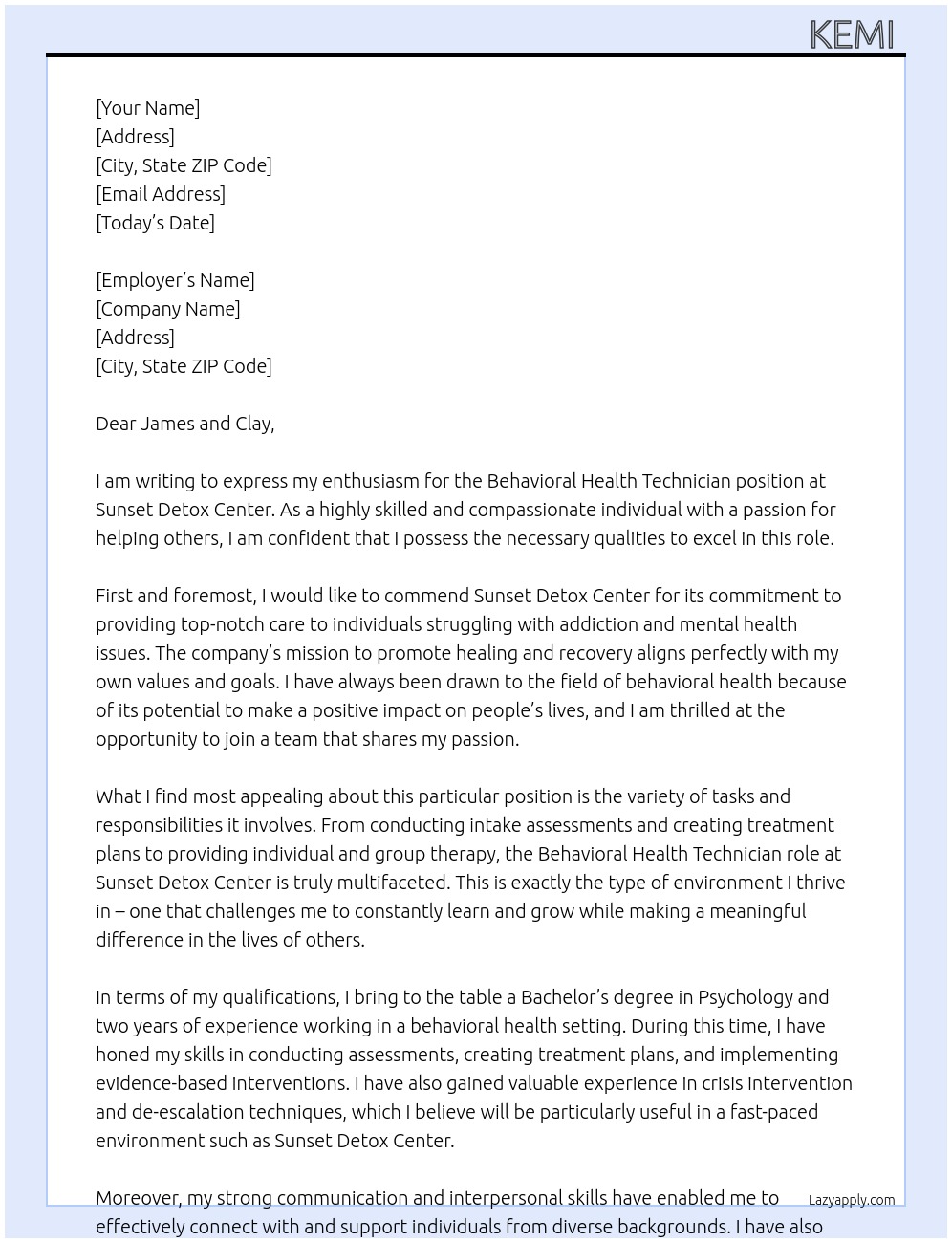 Behavioral Health Technician  At Sunset Detox Center Cover Letter