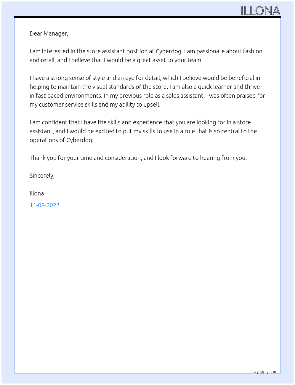 store assistant At cyberdog Cover Letter