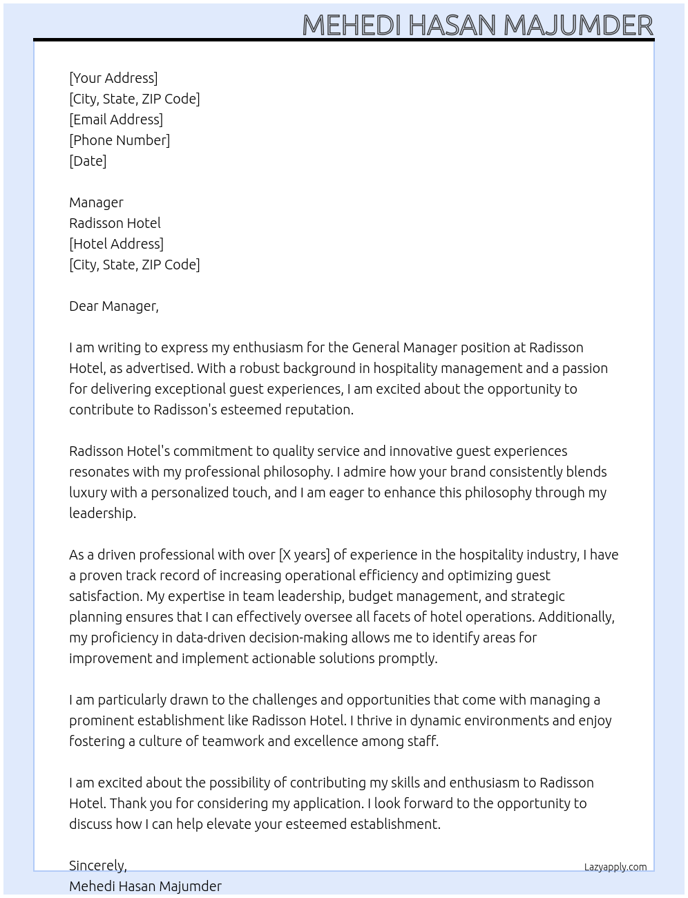 General Manager At Radisson Hotel  Cover Letter