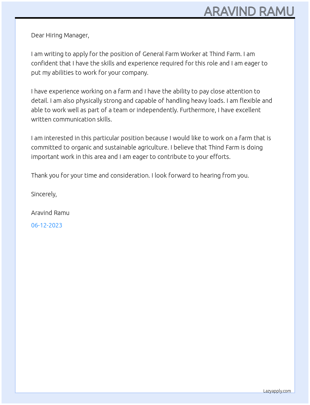 General Farm Worker At Thind Farm Cover Letter