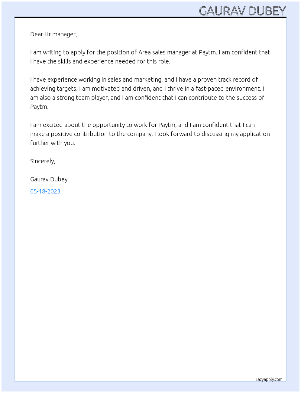 Area sales manager At Paytm Cover Letter