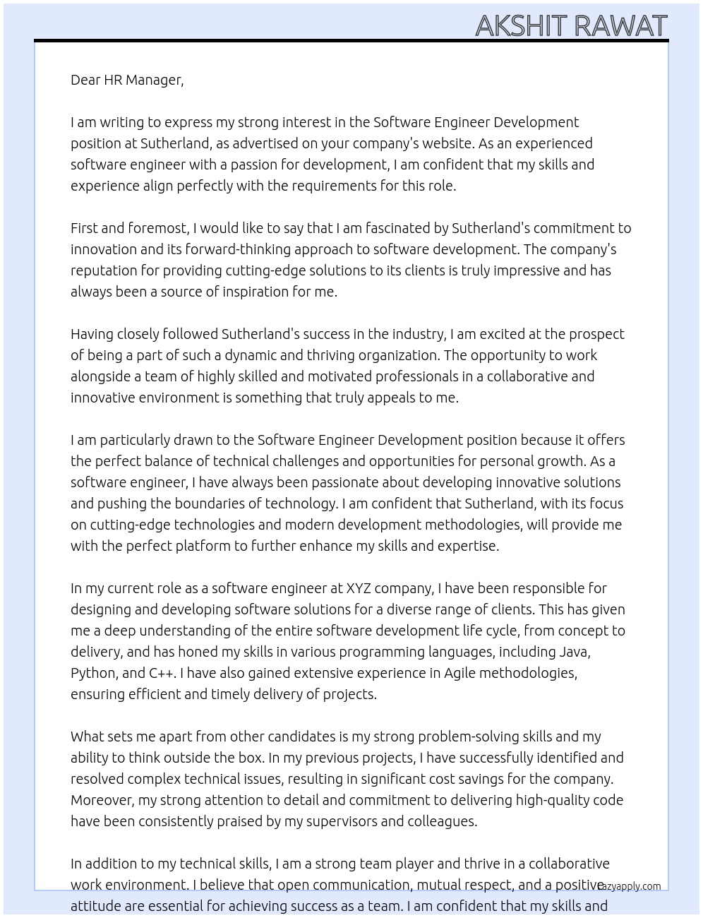 Cover letter for software engineer development - LazyApply