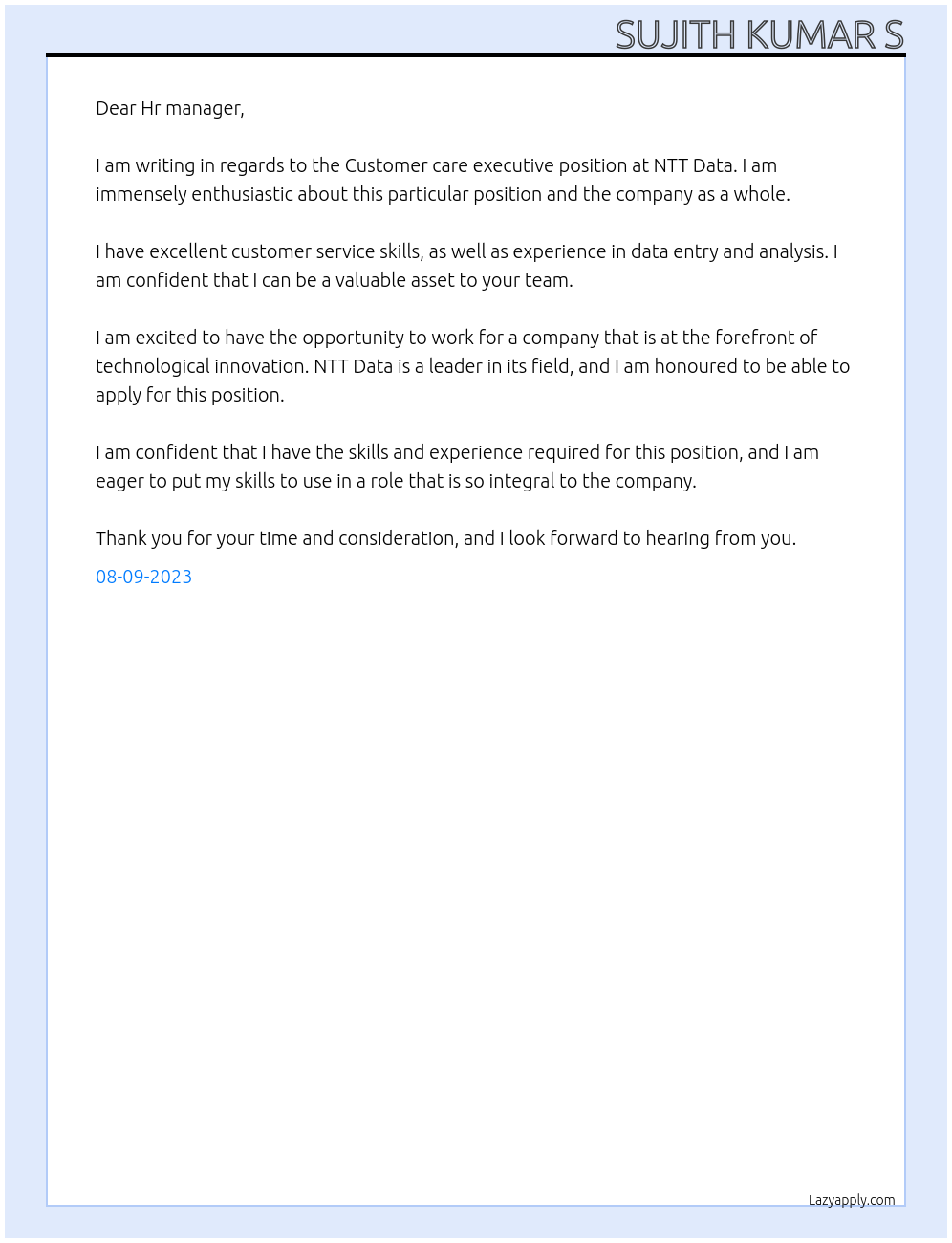 Customer care executive At NTT Data Cover Letter