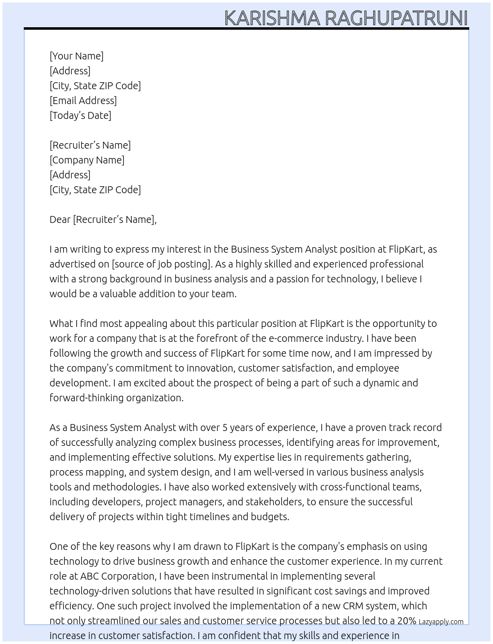 Business System Analyst At FlipKart Cover Letter