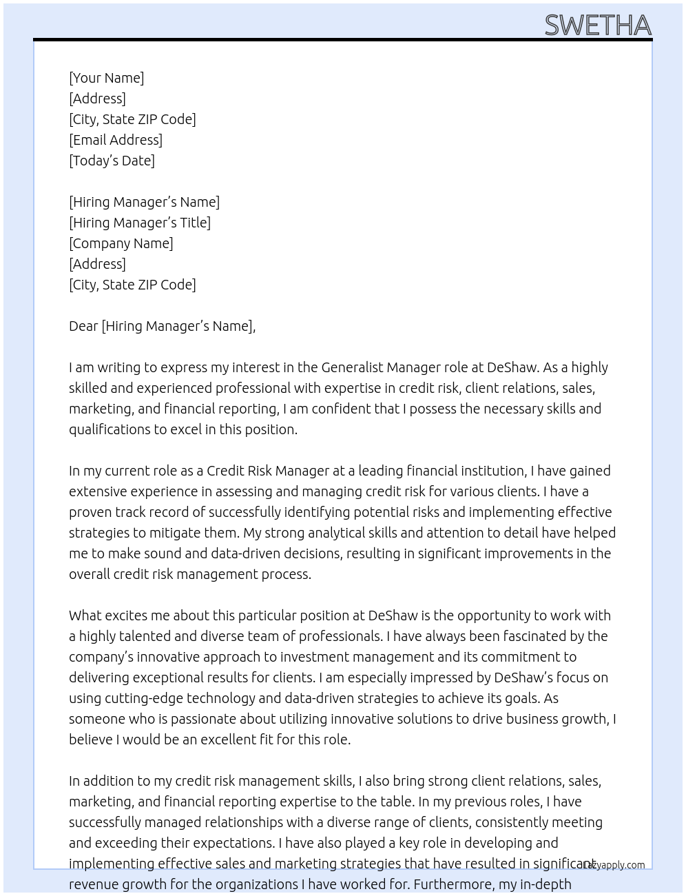 generalist At deshaw Cover Letter