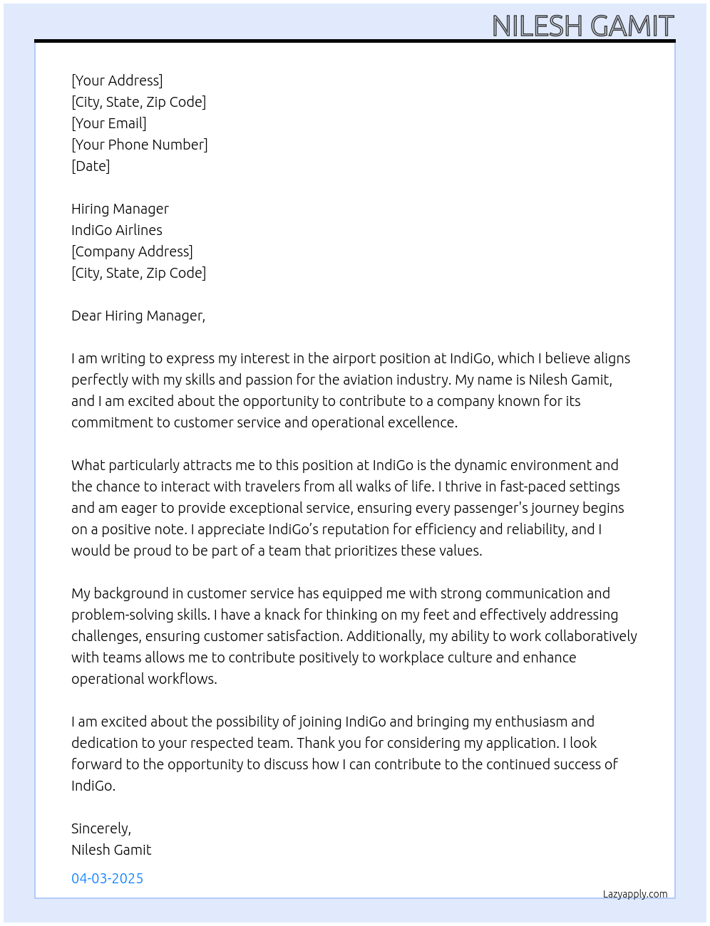 airport At indigo Cover Letter