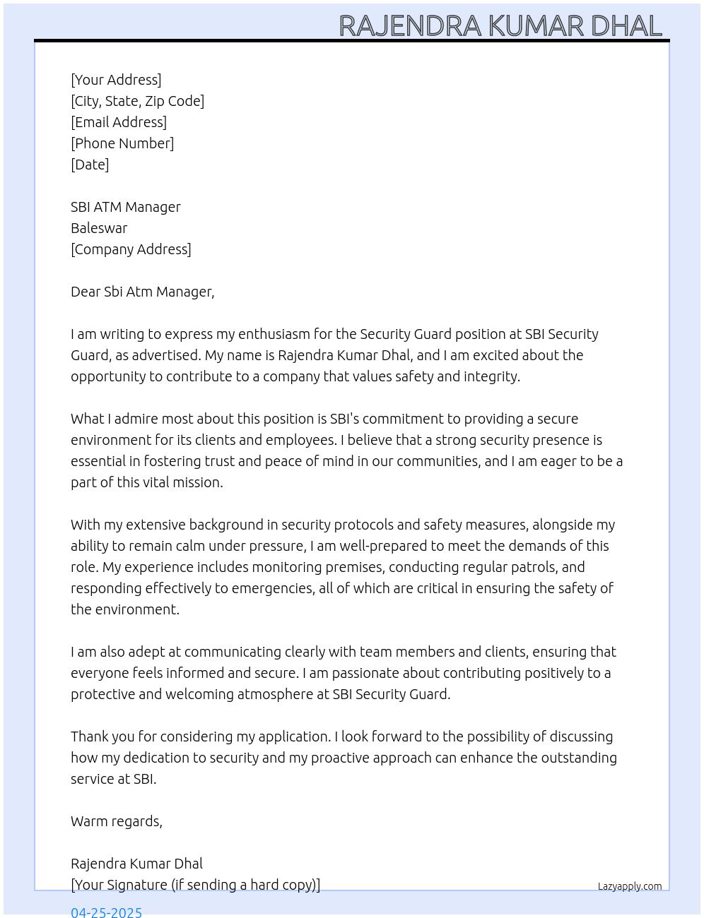 Security guard At SBI Security Guard Cover Letter