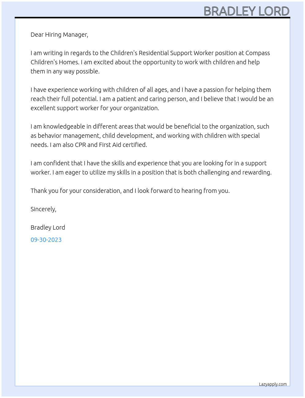 Children's Residential Support Worker At Compass Children's Homes Cover Letter