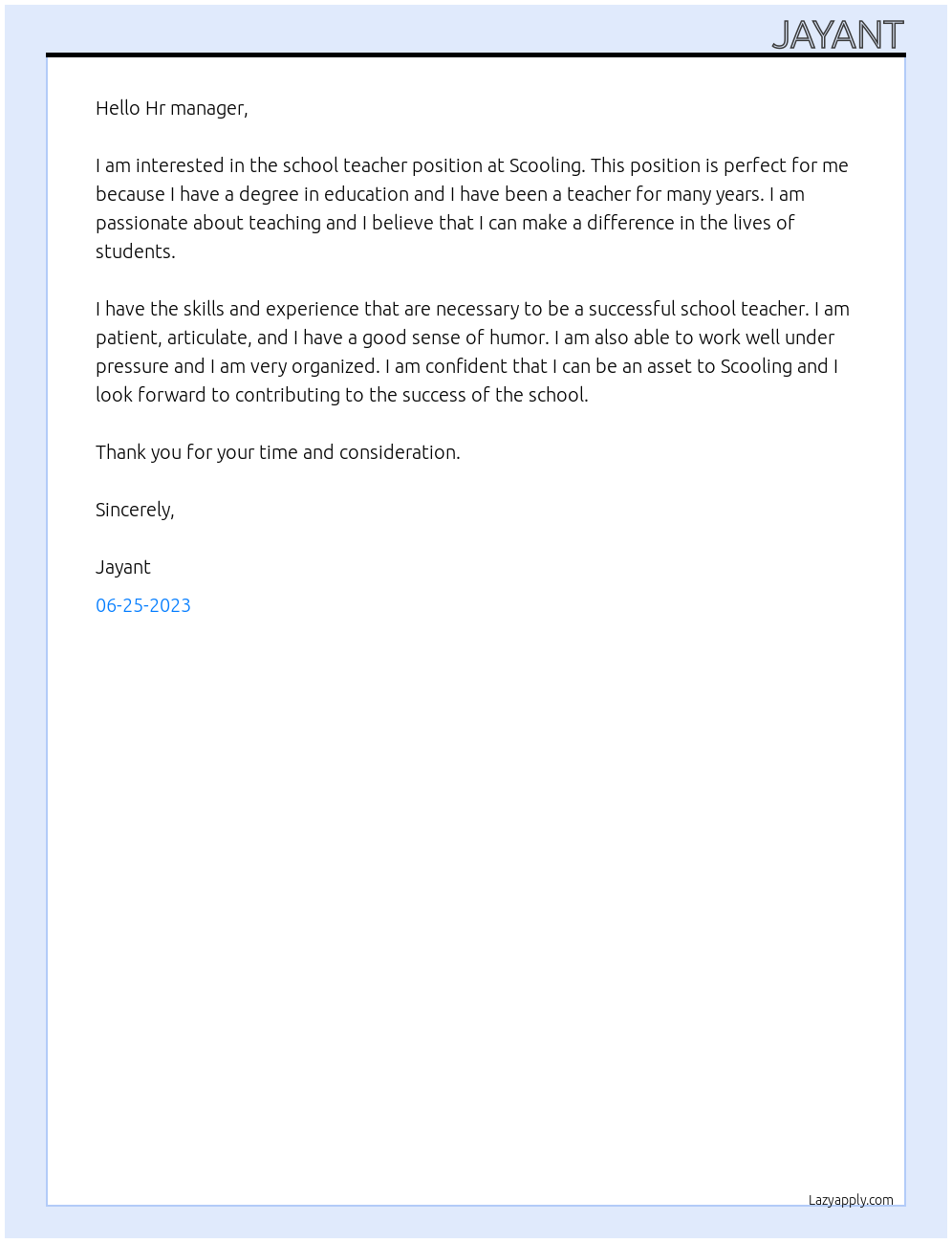 School teacher At Scooling  Cover Letter