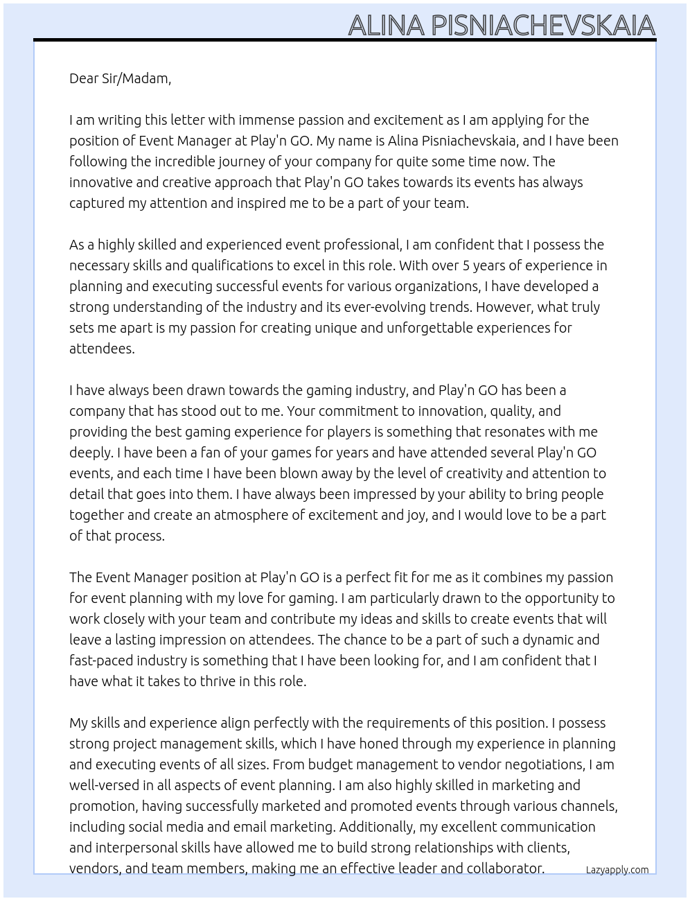 Event Manager At Play'n GO Cover Letter