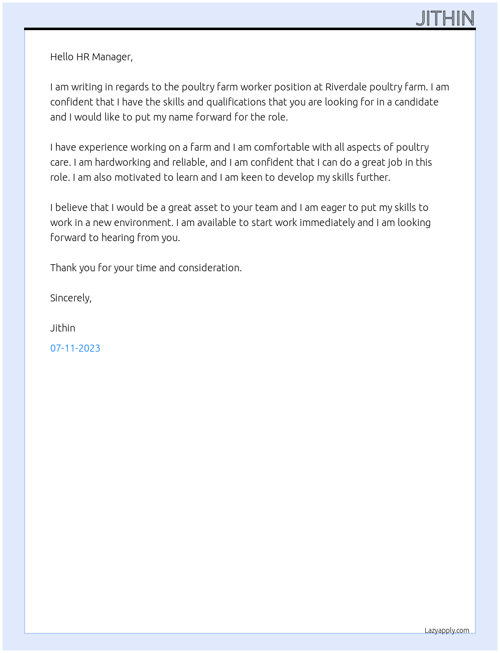 Poultry farm worker  At HR Manager  Cover Letter