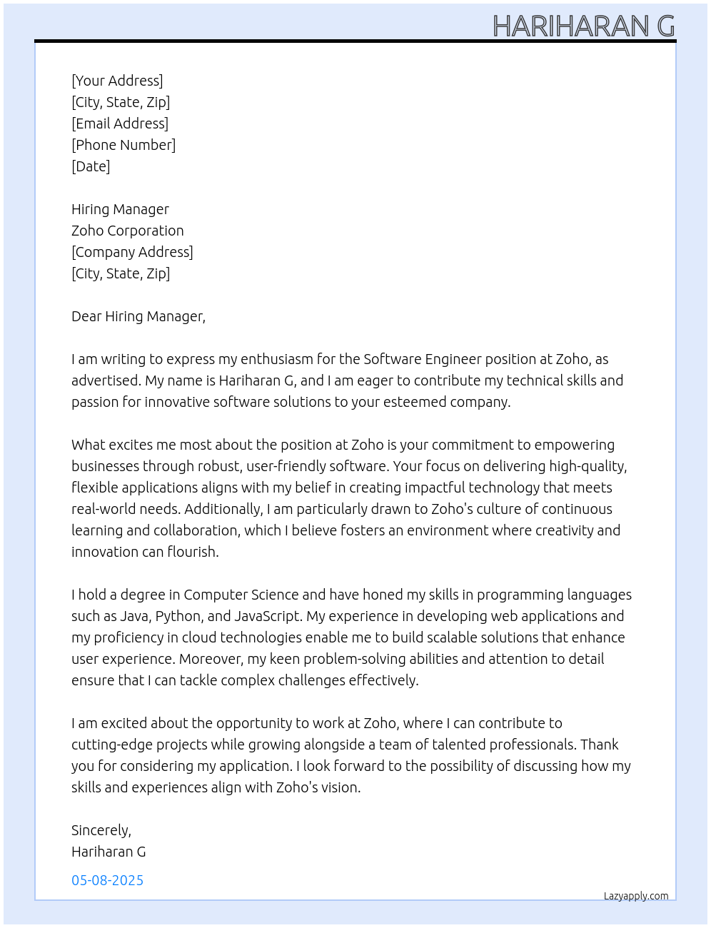 Software engineer At Zoho Cover Letter