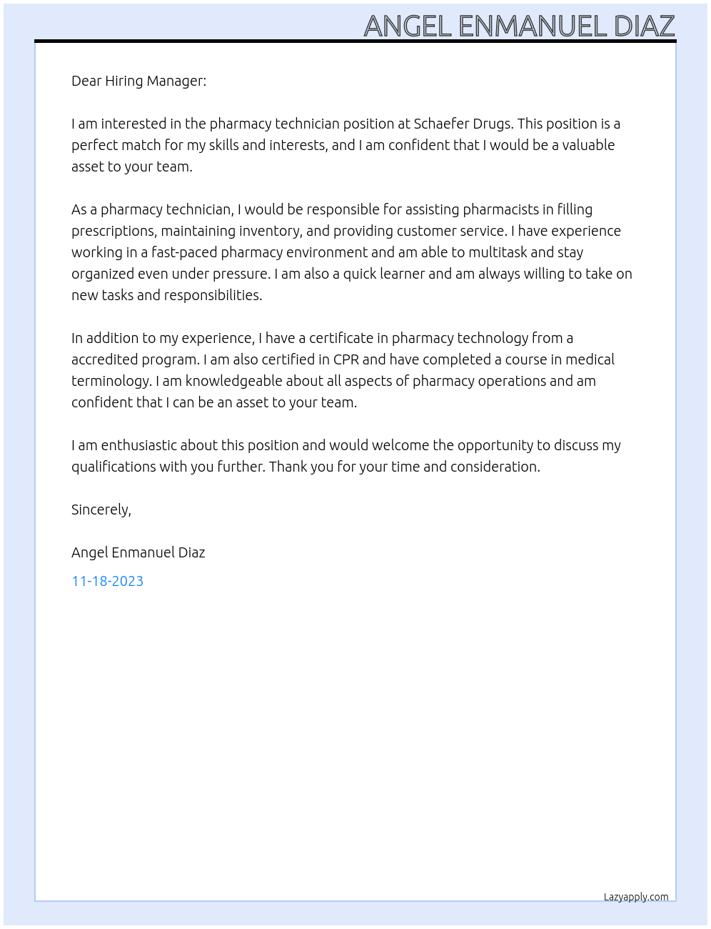 Pharmacy Technician At Schaefer Drugs Cover Letter