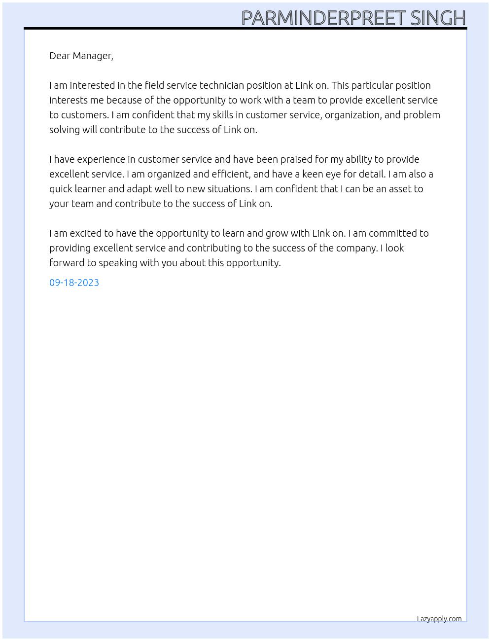 Field service technician  At Link on Cover Letter