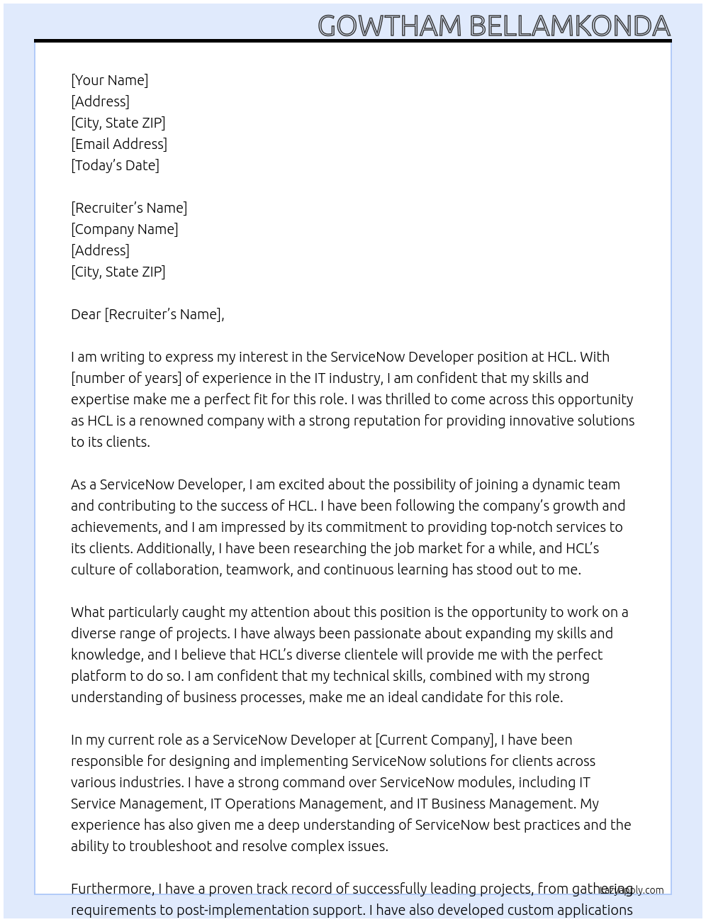 ServiceNow Developer At HCL Cover Letter