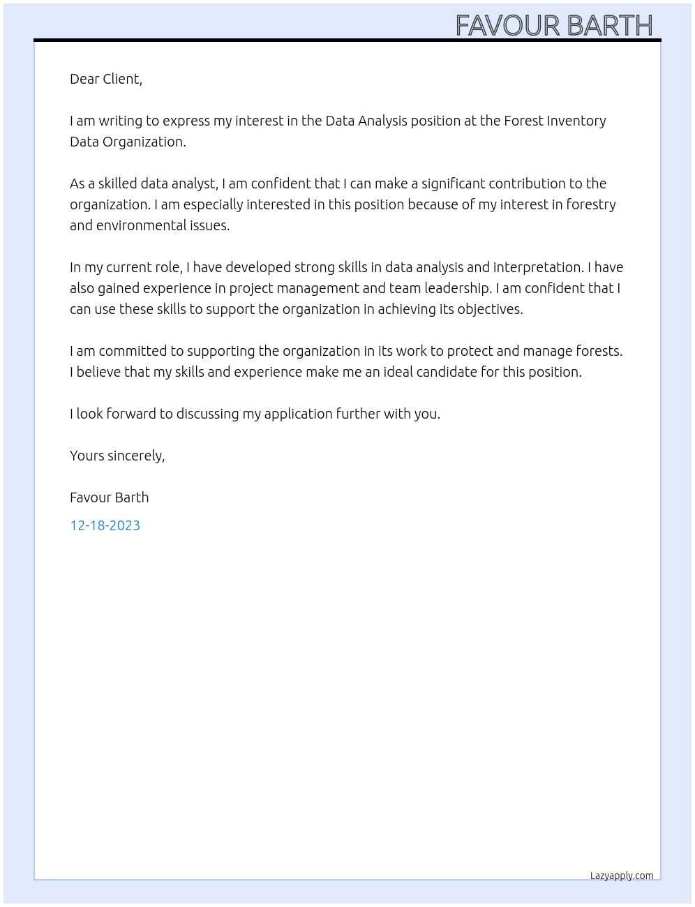 Data Analysis At Forest Inventory Data Organization Cover Letter