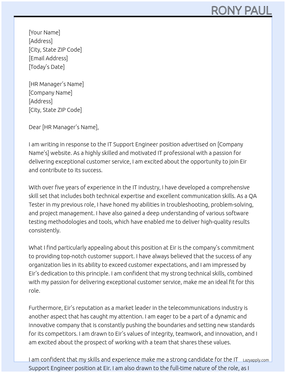 IT Support Engineer At Eir Cover Letter
