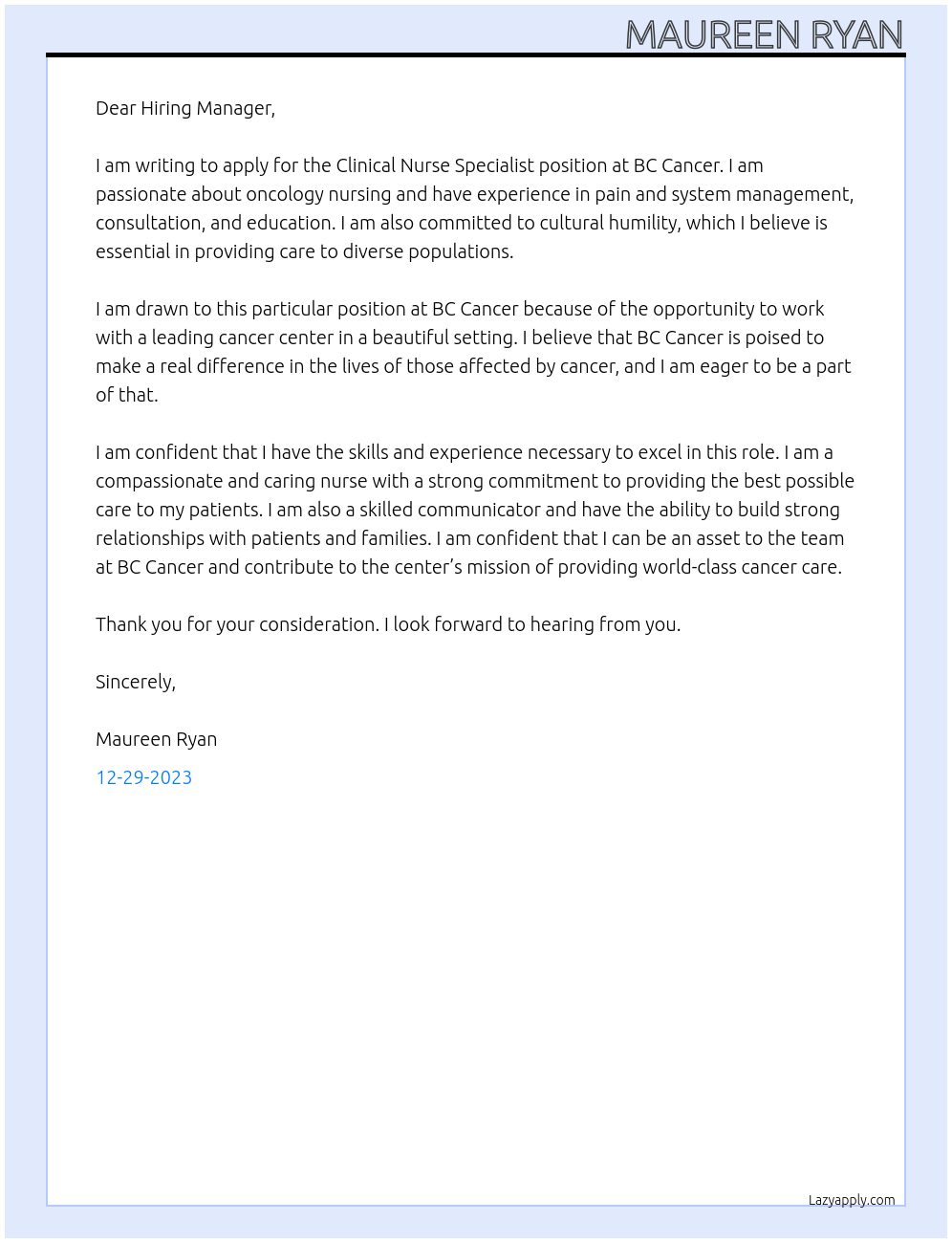 Clinical Nurse Specialist  At BC Cancer Cover Letter