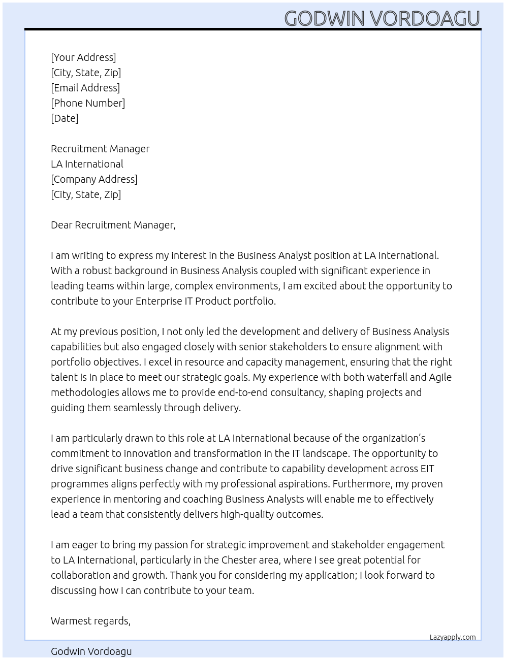 Business Analyst At LA International Cover Letter