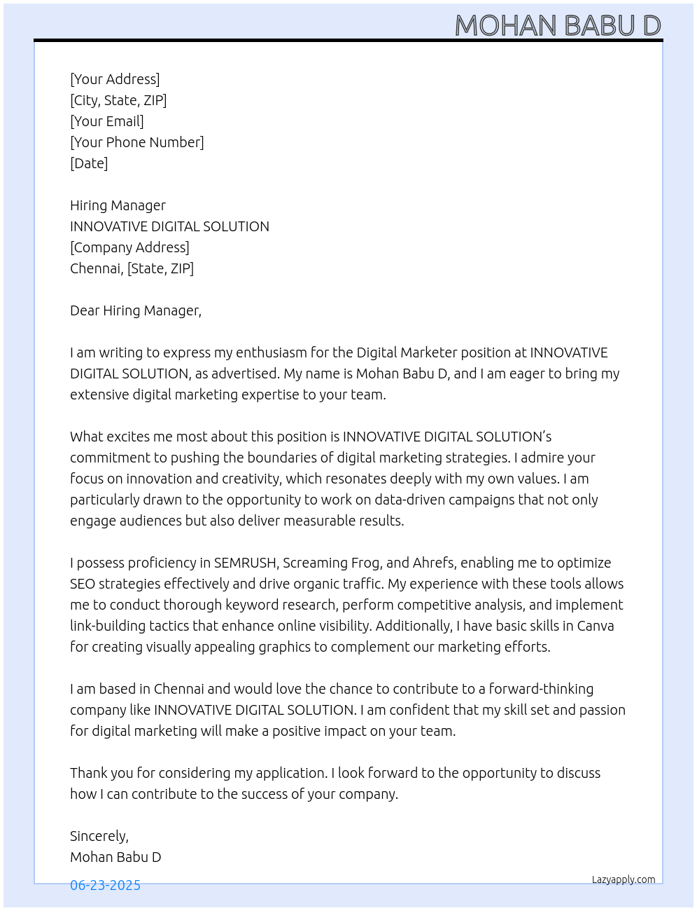 Digital Marketer At INNOVATIVE DIGITAL SOLUTION Cover Letter
