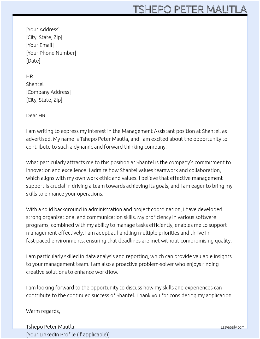 Cover letter for management assistant - LazyApply