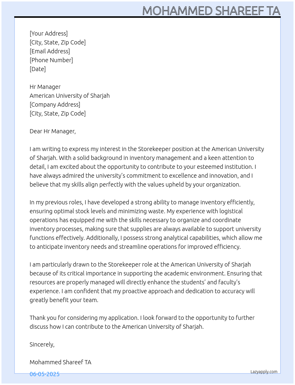 Storekeeper  At American university of sharja  Cover Letter