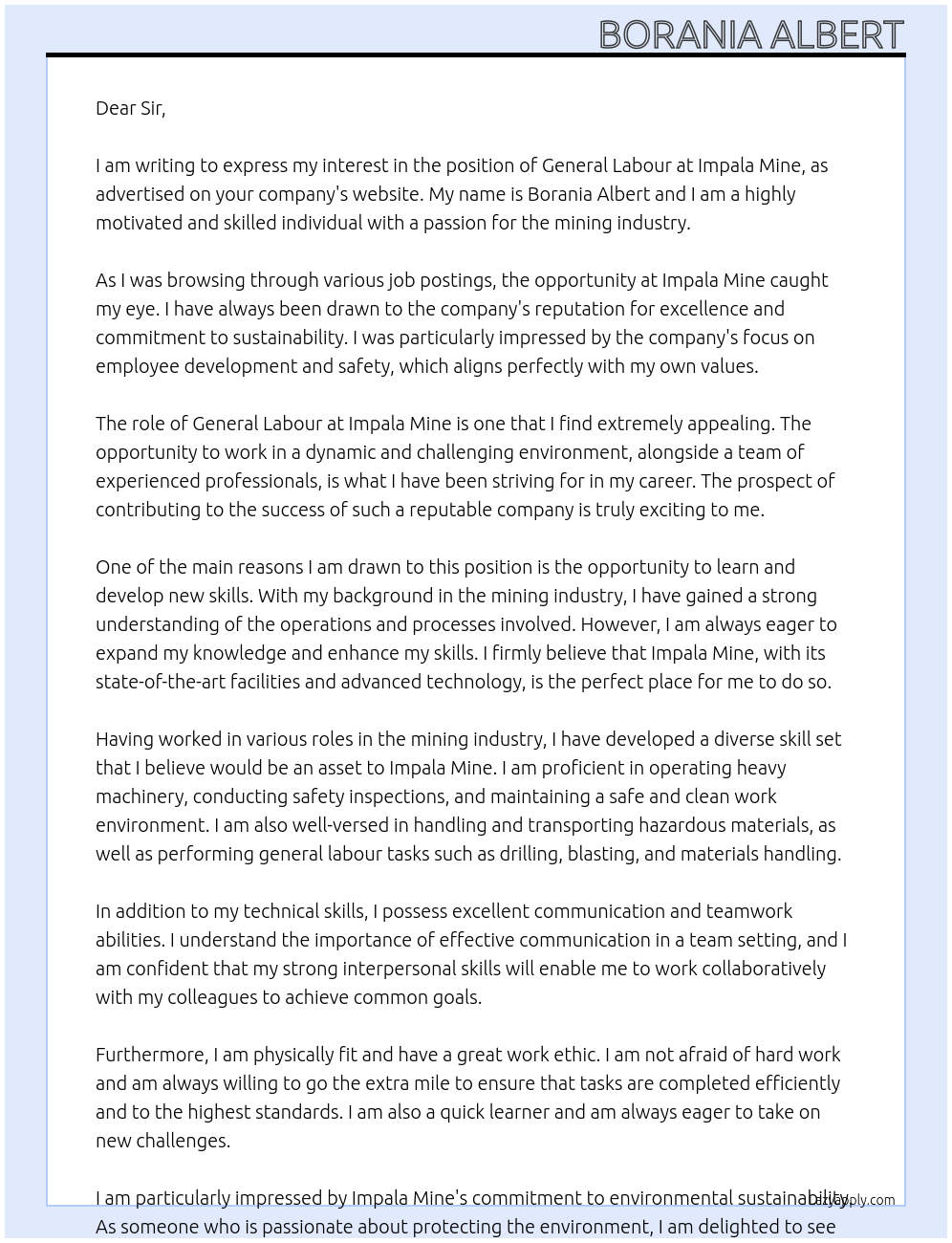 General Labour At Impala Mine Cover Letter