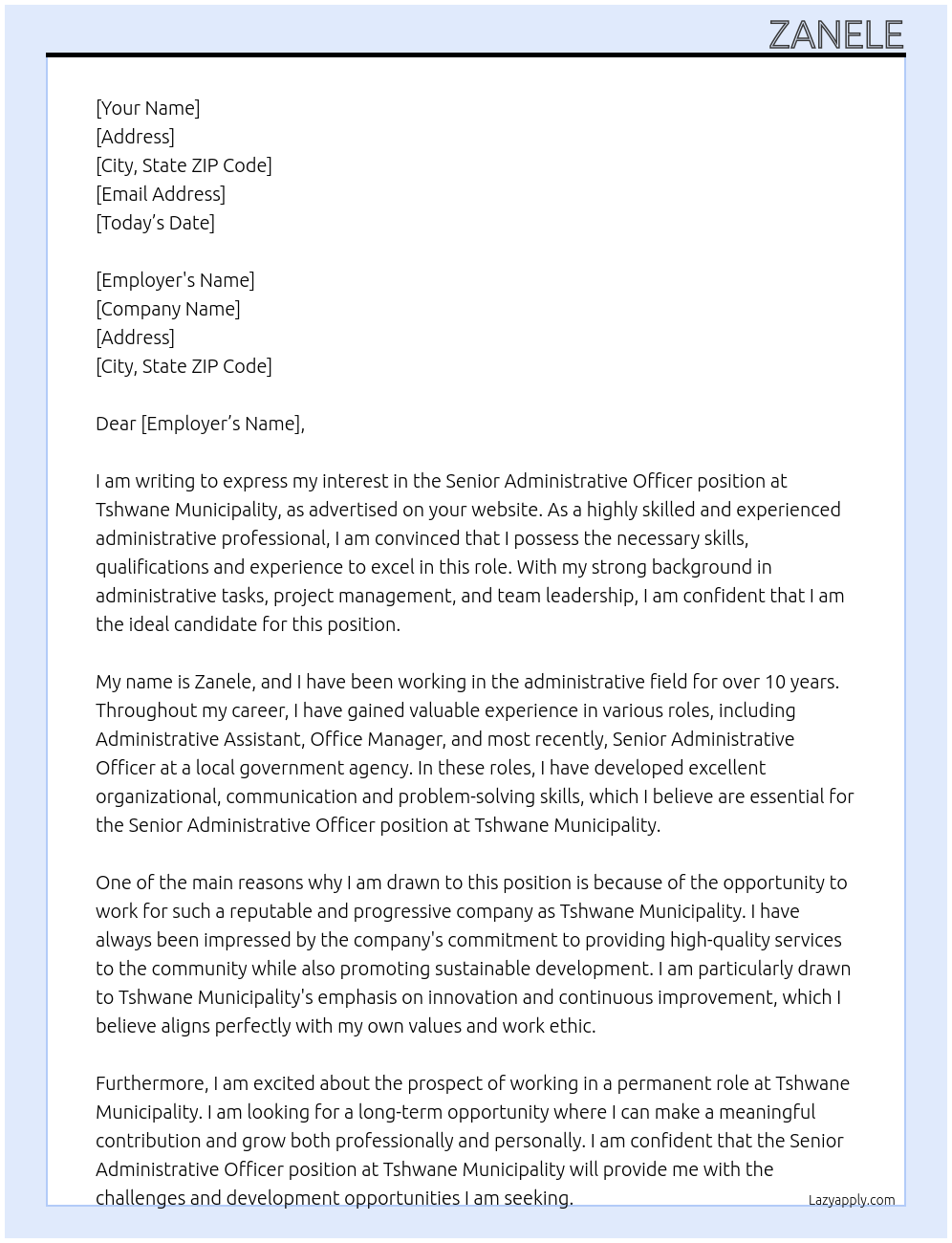 Senior Administrative officer At Tshwane Cover Letter