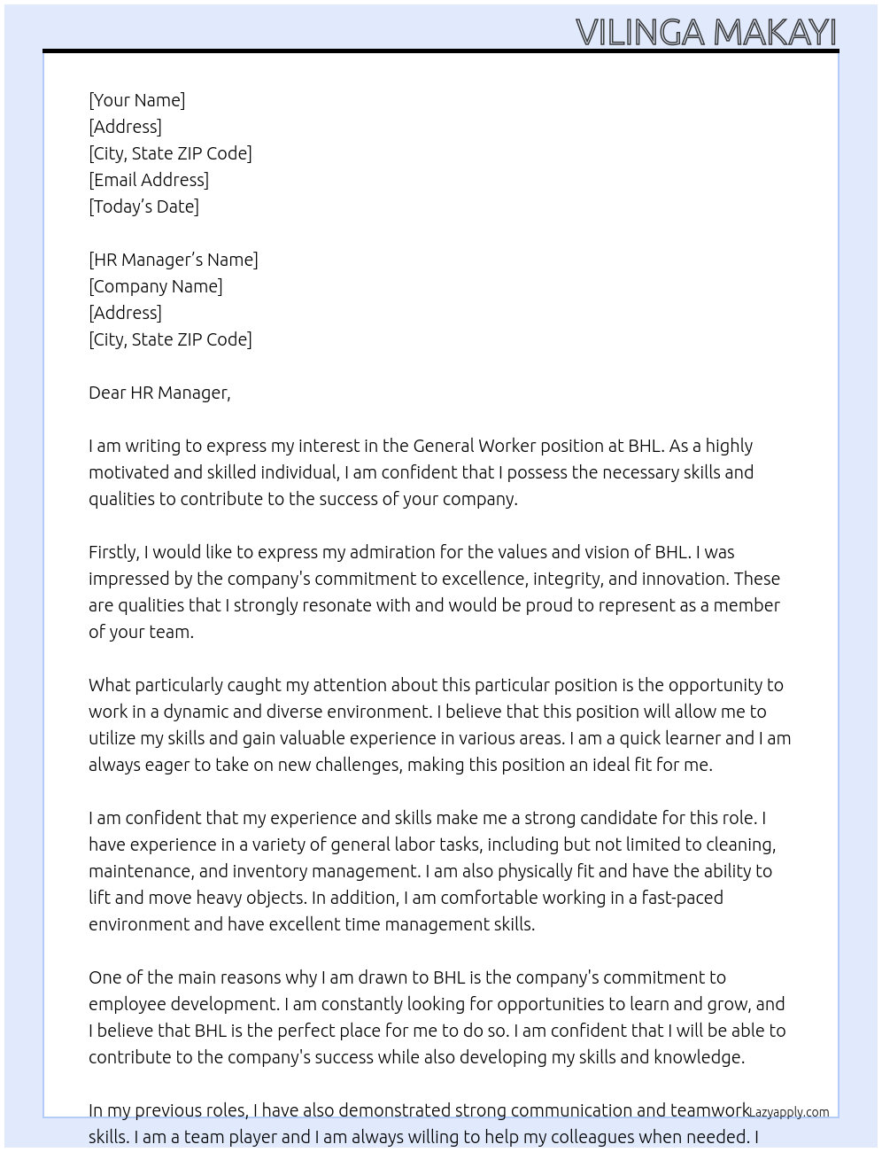general worker At BHL Cover Letter
