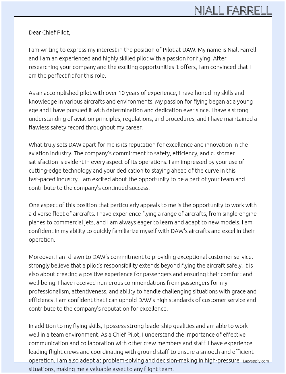 Pilot At DAW Cover Letter