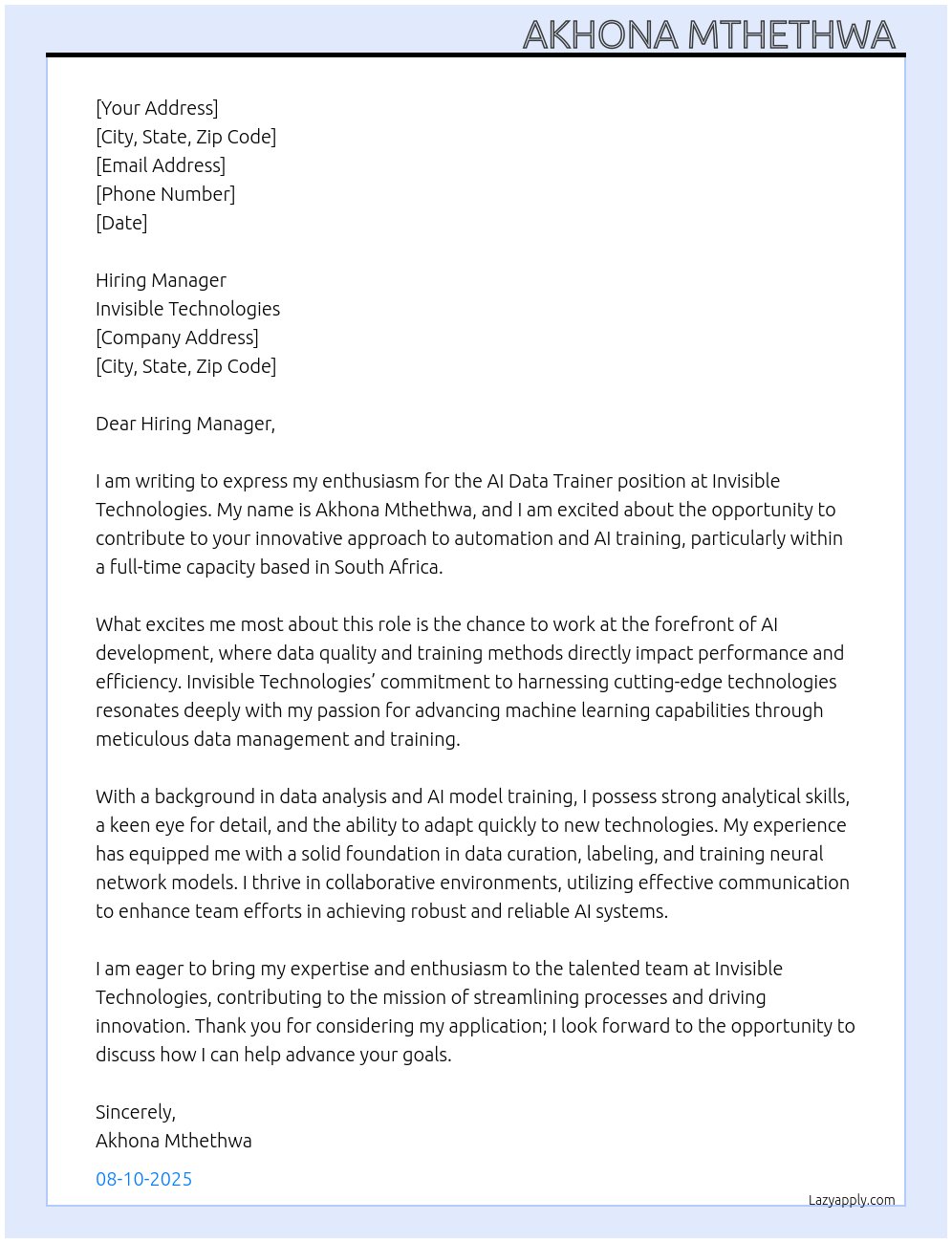 Ai data trainer At Invisible technologies Cover Letter