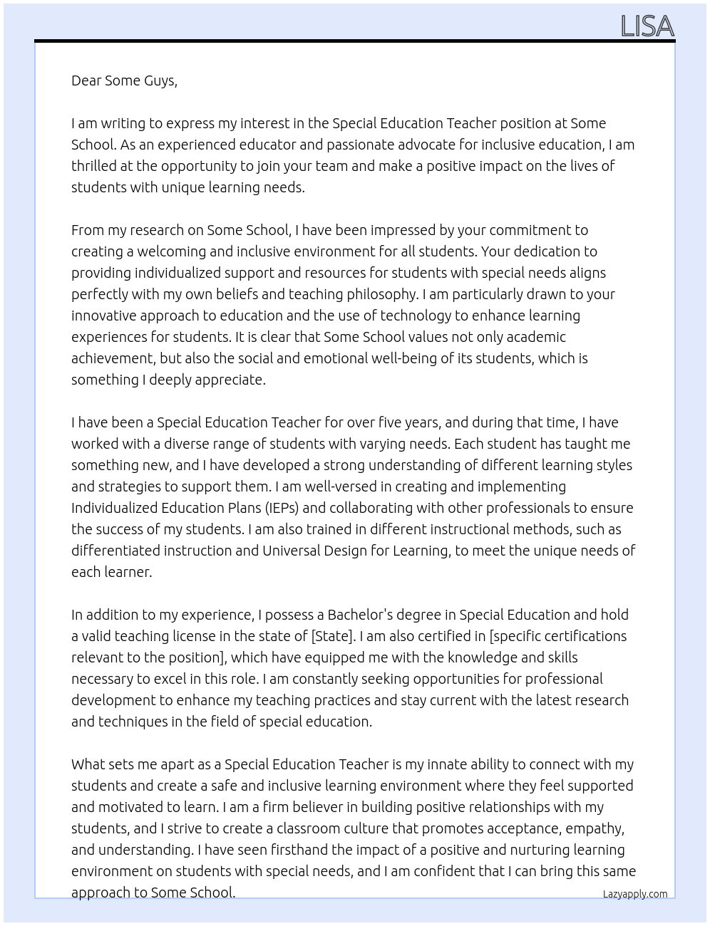 special education teacher At Some School Cover Letter