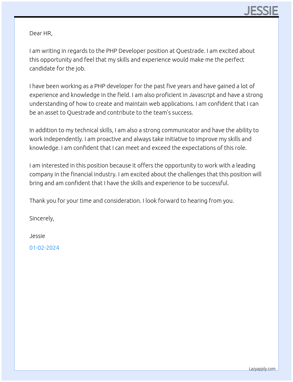 PHP Developer At Questrade Cover Letter
