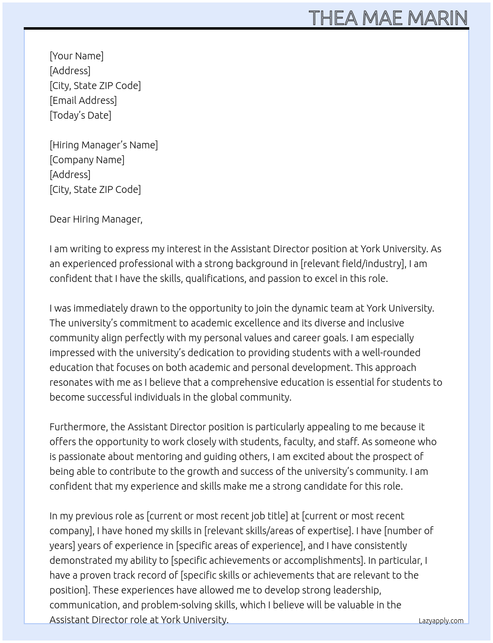 Assistant Director At York University Cover Letter