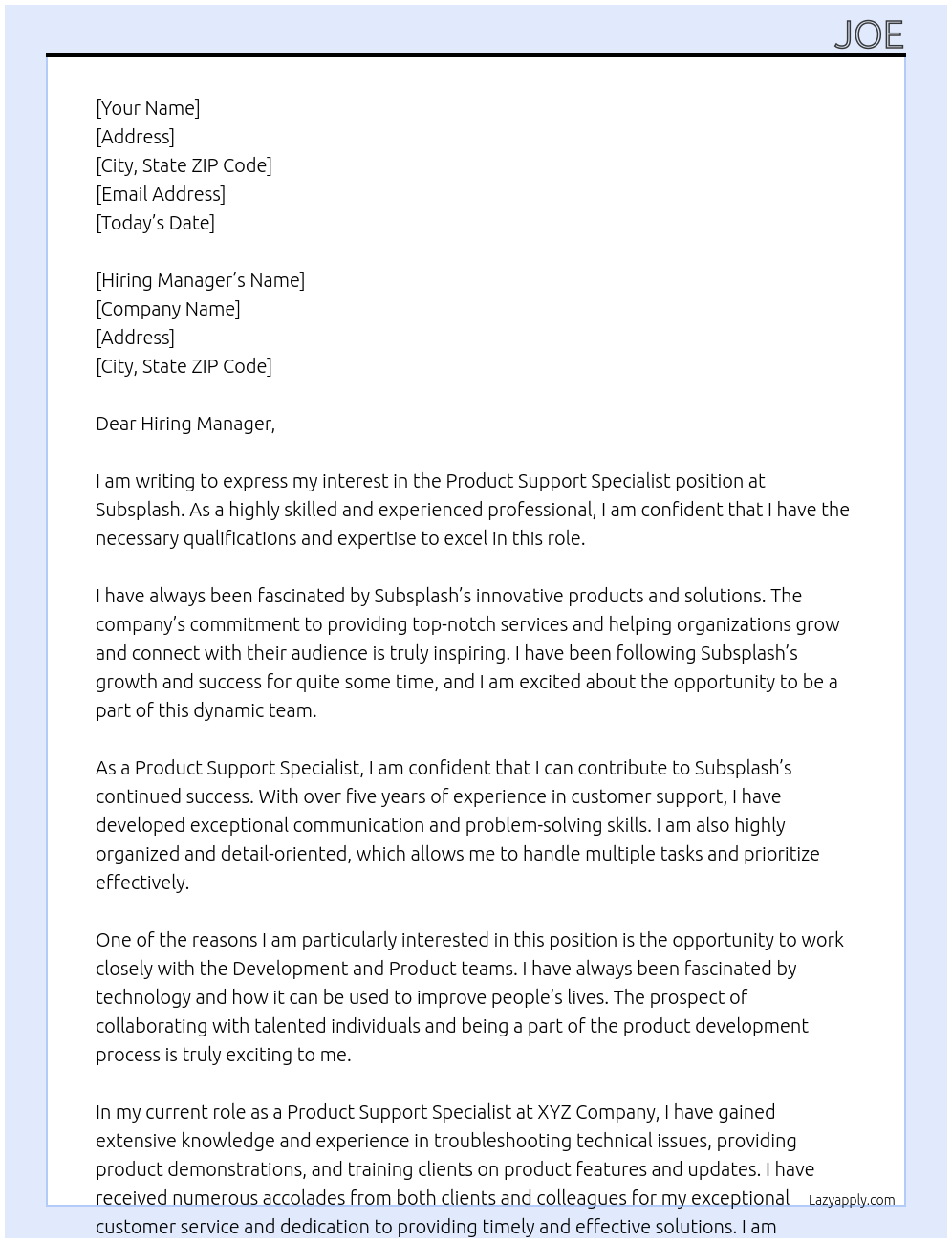 Product Support Specialist At Subsplash Cover Letter