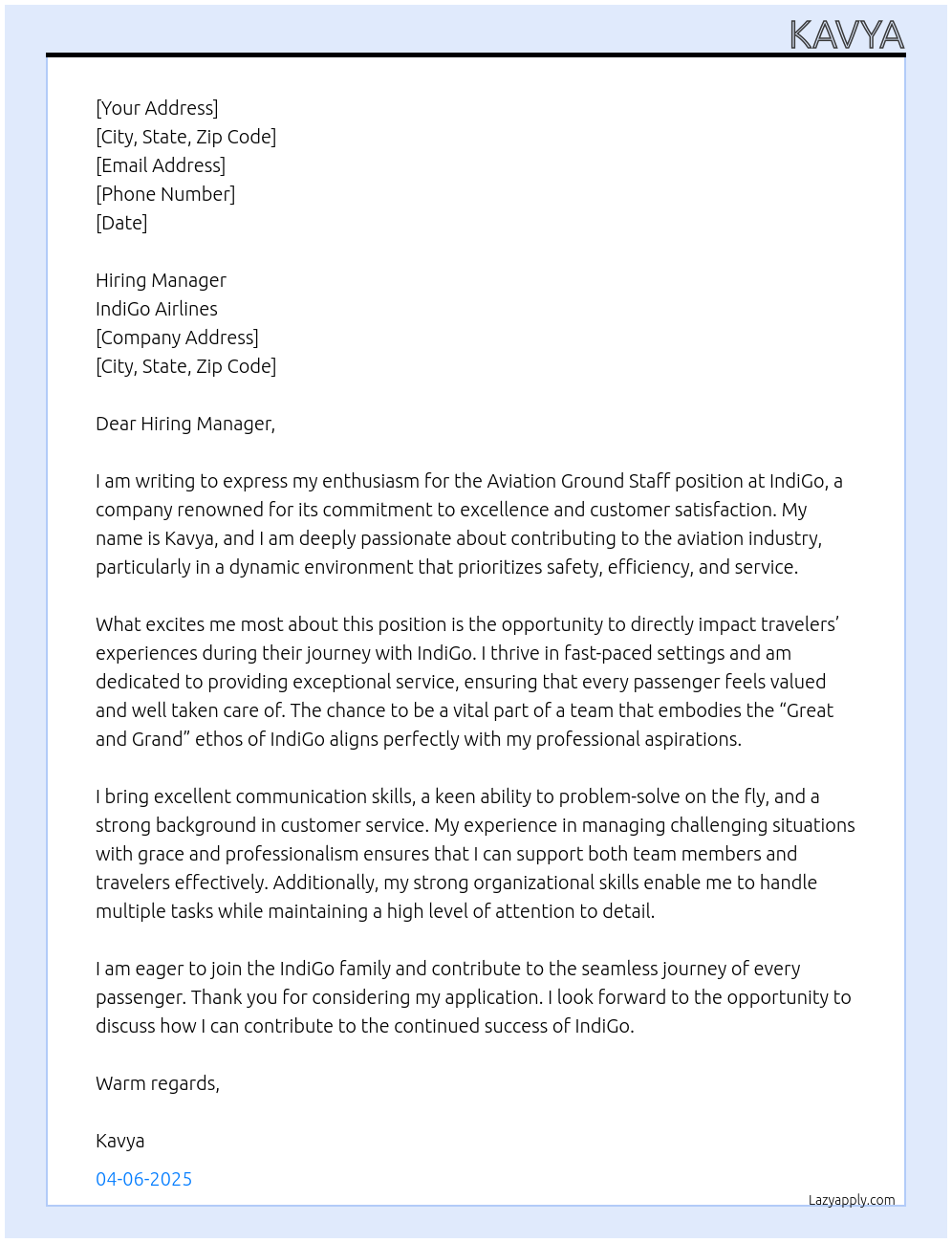 Aviation ground staff  At Indigo Cover Letter