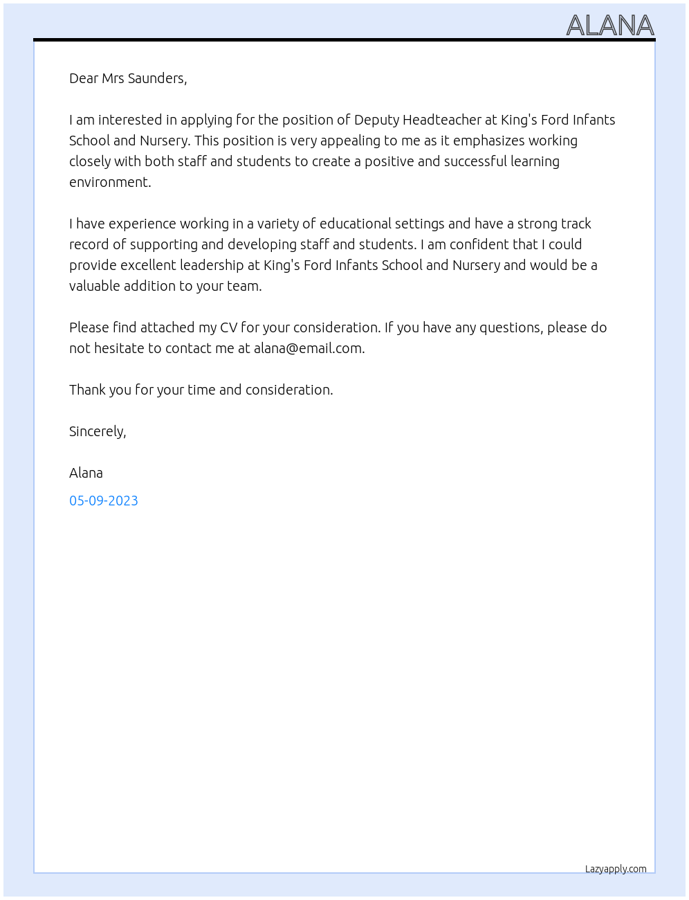 Deputy Headteacher At King's Ford Infants School and Nursery Cover Letter