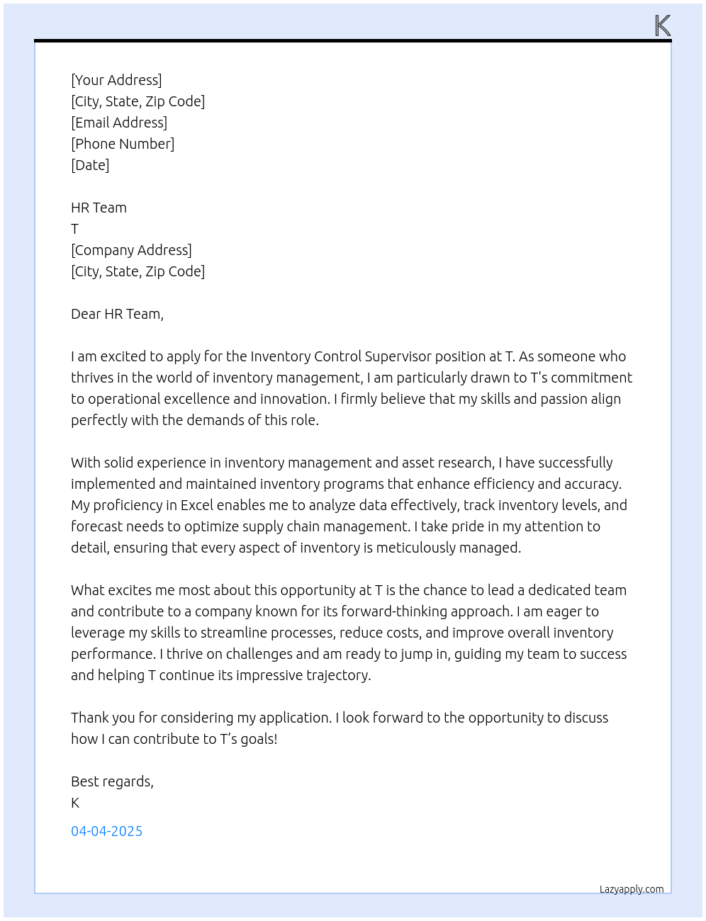 Cover letter for inventory control supervisor - LazyApply