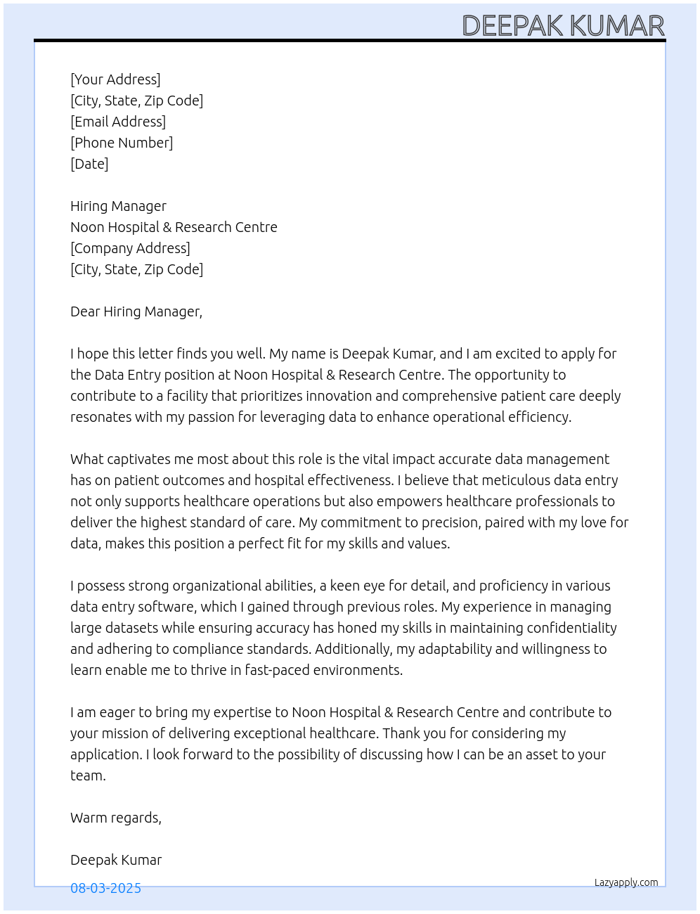 Data entry At Noon hospital & research centre Cover Letter