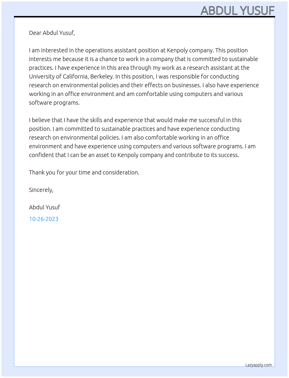 Operations assistant At Abdul Yusuf Cover Letter