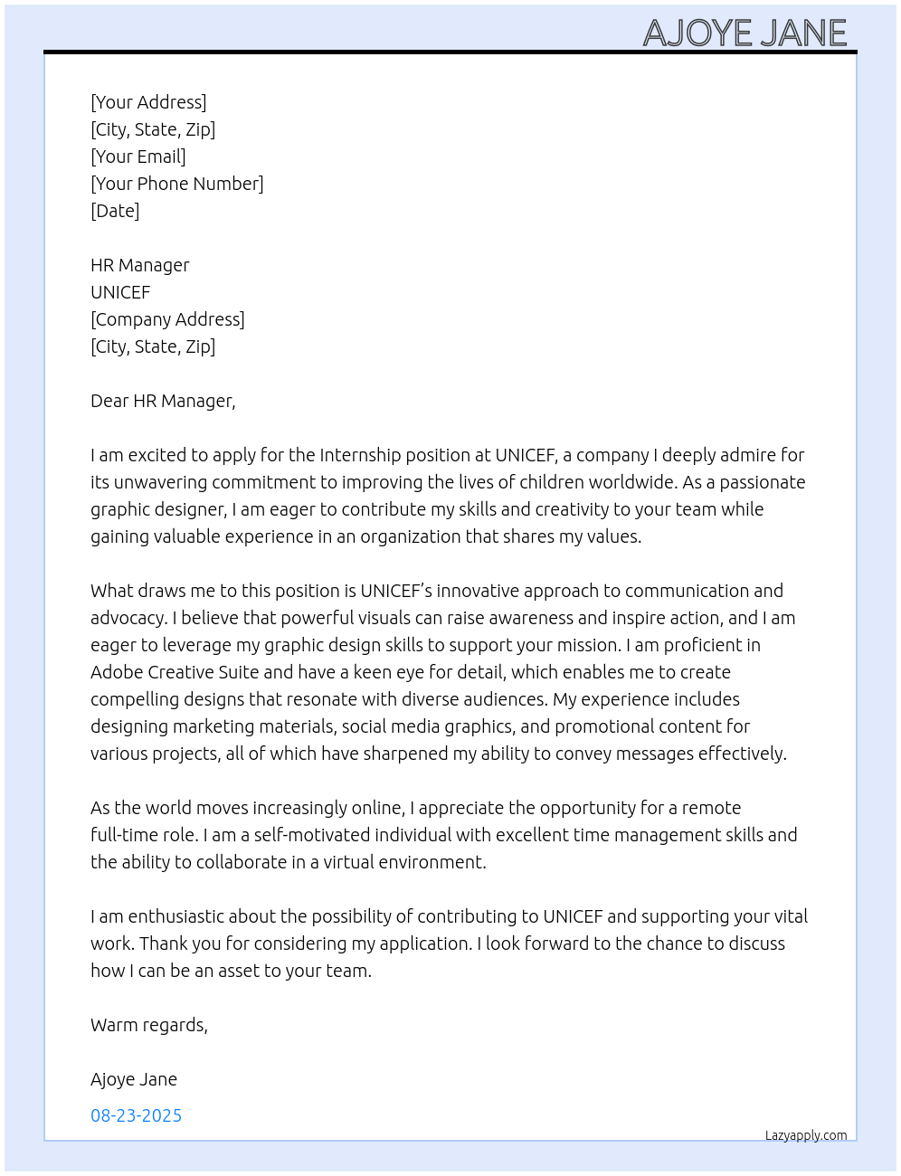 Internship At Unicef Cover Letter