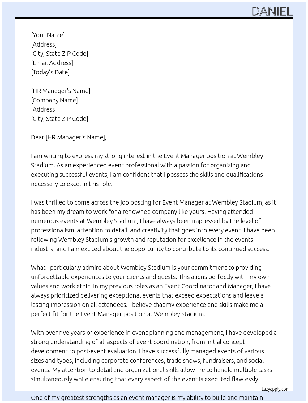 Event manager At Wembley Stadium Cover Letter