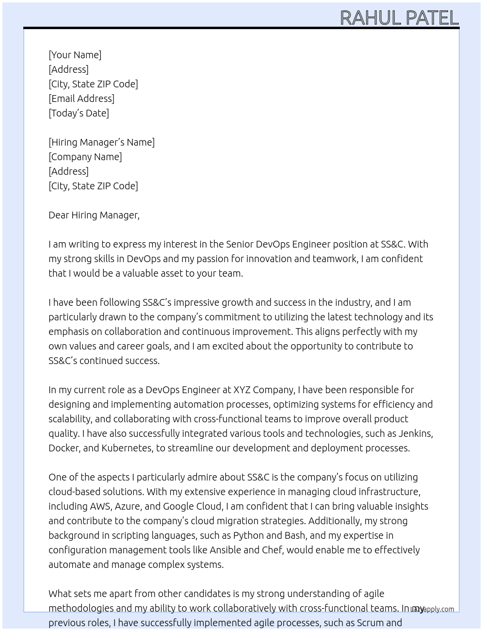 Senior DevOps Engineer At SS&C Cover Letter
