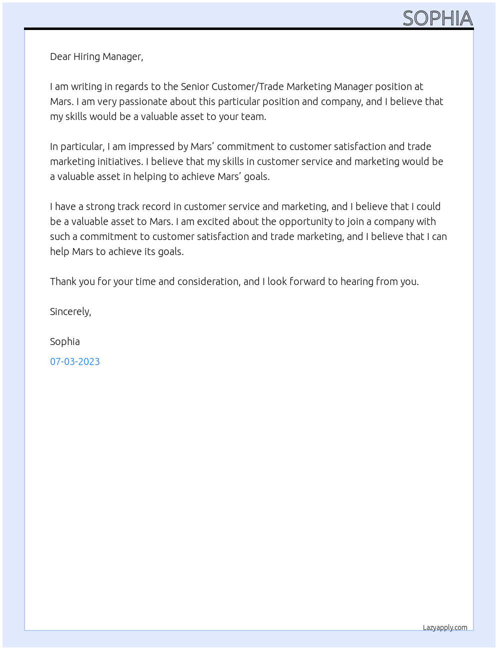 Senior Customer/Trade Marketing Manager At Mars Cover Letter